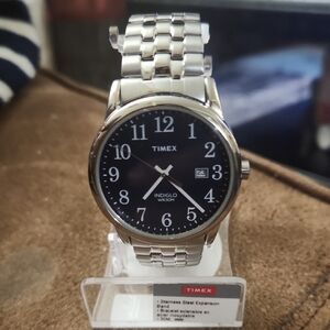 Brass Timex Silver Watch w/ Black And Blue Lightup Dial. Expandable 8 Inch Band.